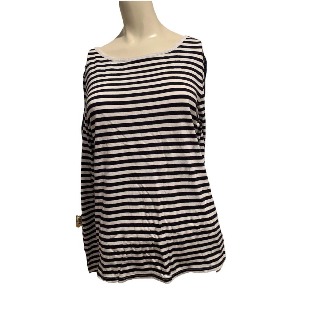 Crown & Ivy Blue and‎ White Striped Embroidered Long Sleeve Top Small